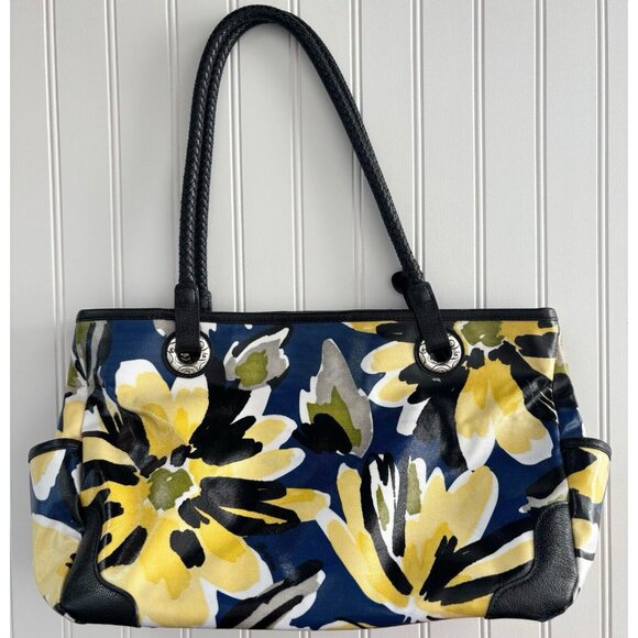 Brighton Coated Canvas Shoulder Bag Yellow & Blue Floral Blooms w/ Leather Trim - Picture 4 of 11